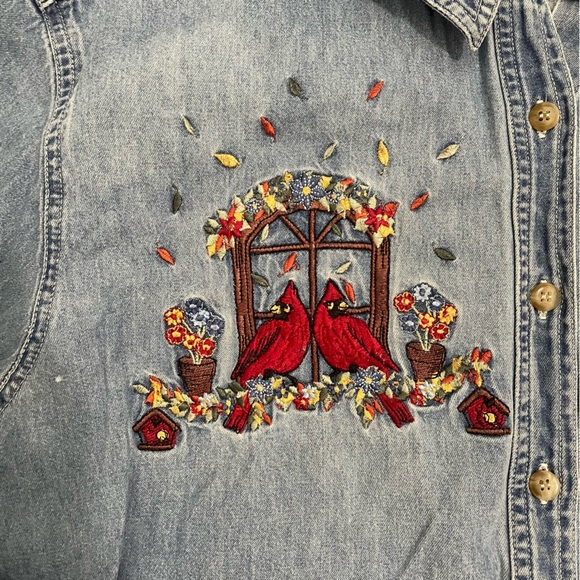 Bobbie Brooks Vintage Denim Shirt Red Birds Cardinal Fall Size XL - Picture 2 of 9